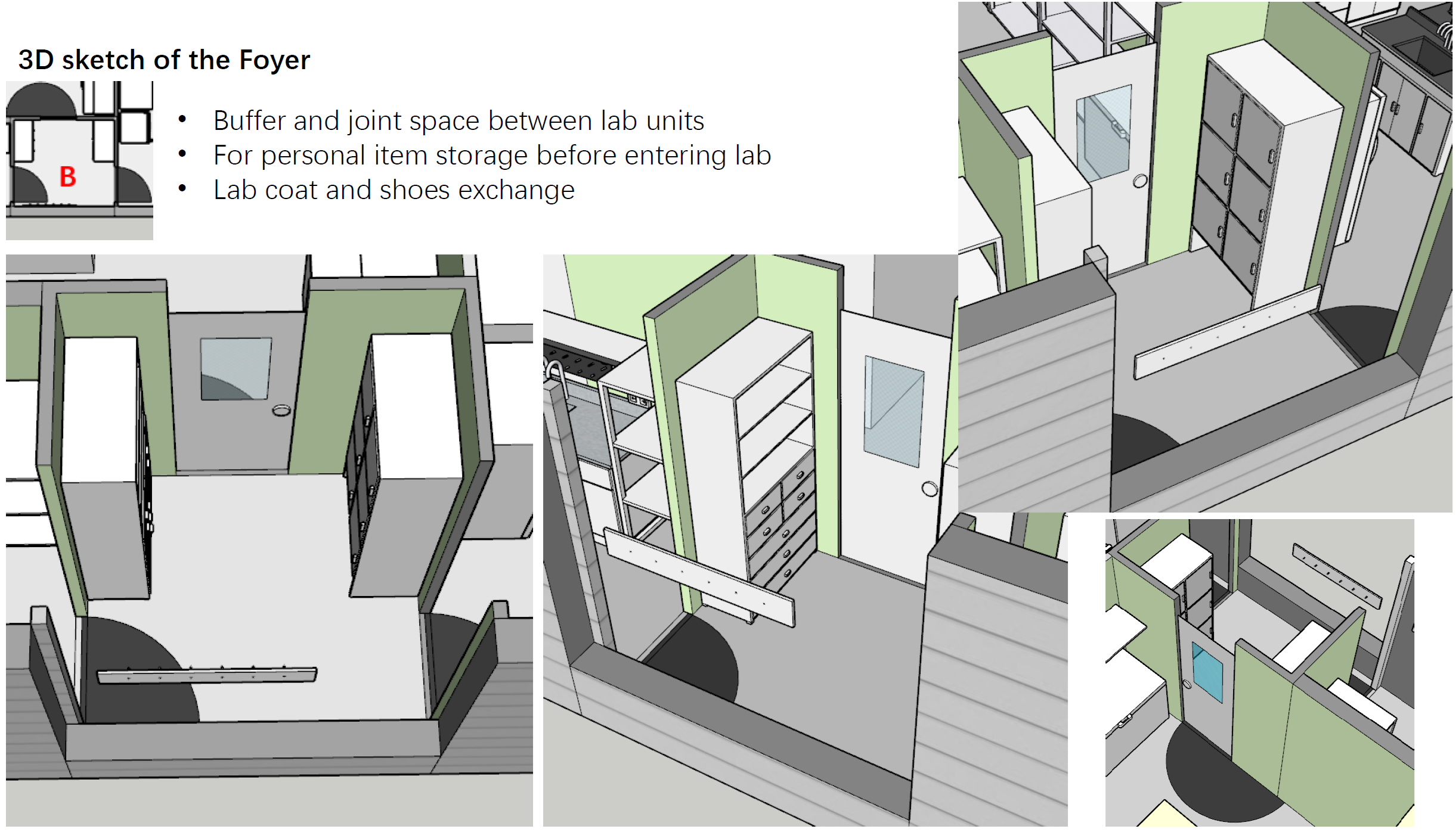 Rendering of the foyer room, for storing personal items and for donning PPE.